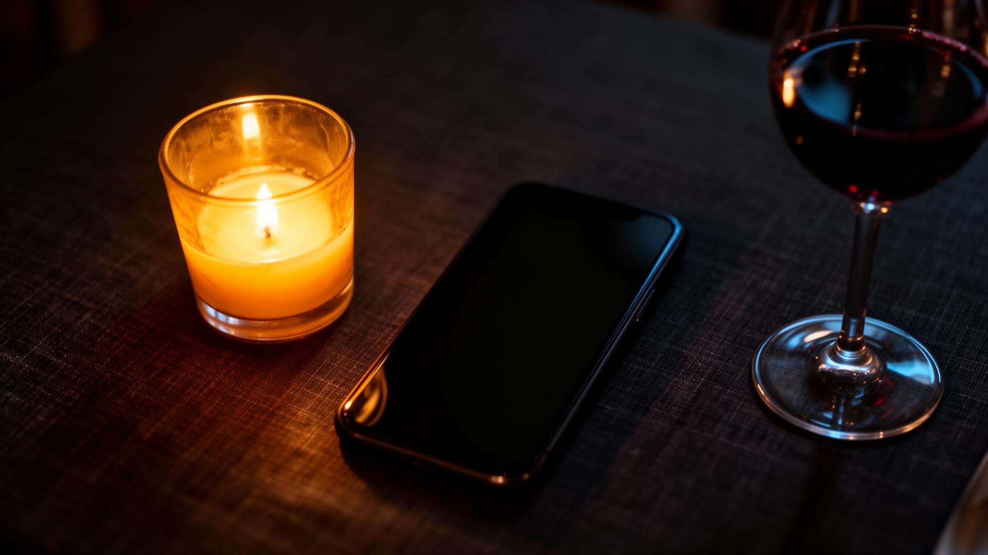 A phone showing a gathering brief beside a candle and a glass of wine