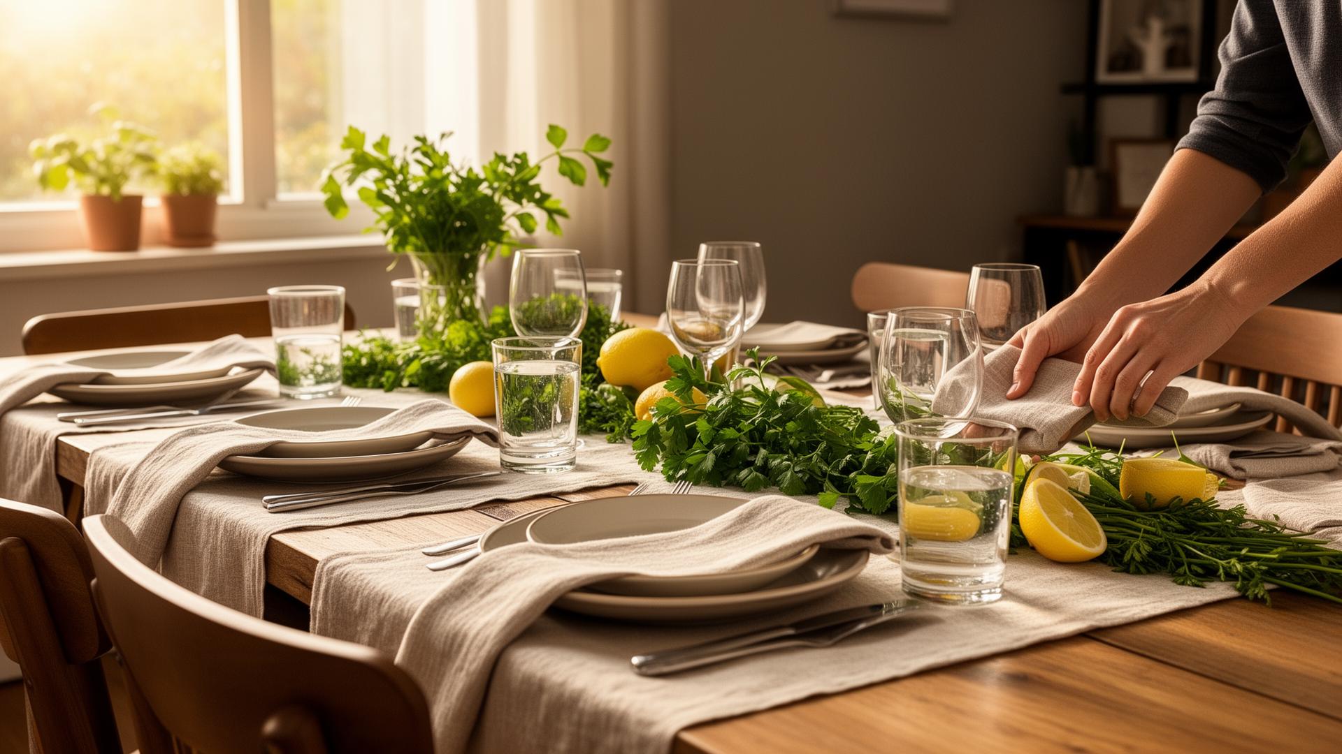 A warm dining table being prepared before friends arrive
