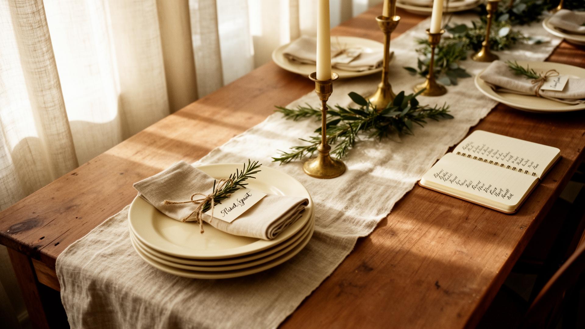 A long wooden table being set in warm morning light, linen runner, brass candlesticks, and a small guest-list notebook at the edge